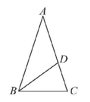 一個三角形，頂點標示 $A$（上）、$B$（左下）、$C$（右下）；$\overline{AC}$ 邊上靠近中段有一點 $D$，$B$、$D$ 之間畫有一條連線。
