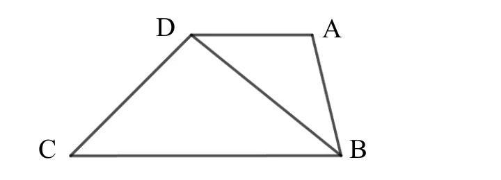 一個梯形，左上標示 $D$、右上標示 $A$（上底 $\overline{DA}$ 較短）；左下標示 $C$、右下標示 $B$（下底 $\overline{CB}$ 較長）；圖中另畫出對角線 $\overline{DB}$，將梯形分成 $\triangle ABD$ 與 $\triangle DCB$ 兩個三角形。