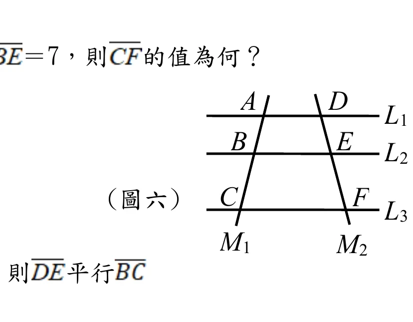 三條互相平行的水平線由上而下為L1、L2、L3；兩條截線M1（左）、M2（右）由上而下穿過三條平行線；M1與L1、L2、L3的交點由上而下依序為A、B、C；M2與L1、L2、L3的交點由上而下依序為D、E、F。