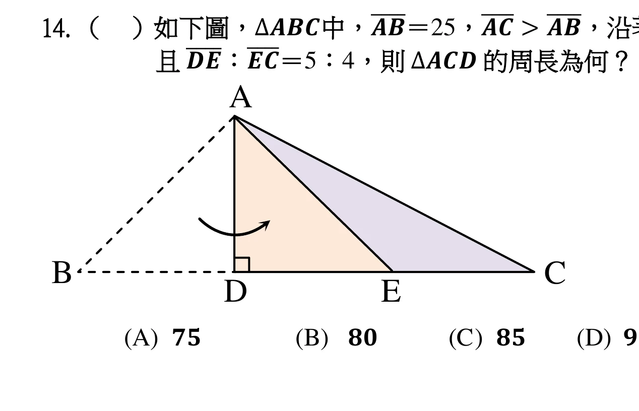△ABC 中 A 在頂點、B 在左下、C 在右下，D、E 為 BC 邊上兩點（D 在左、E 在右）；AD 垂直 BC（D 處有直角記號）。虛線畫出 B 到 A 的原邊 AB（摺疊前位置）與 B 到 D 的水平虛線，並以弧形箭頭表示以 AD 為摺線將 △ABD 向右翻摺；圖中橙色區塊為 △ADE、紫色區塊為 △AEC，示意摺疊後的區塊關係。