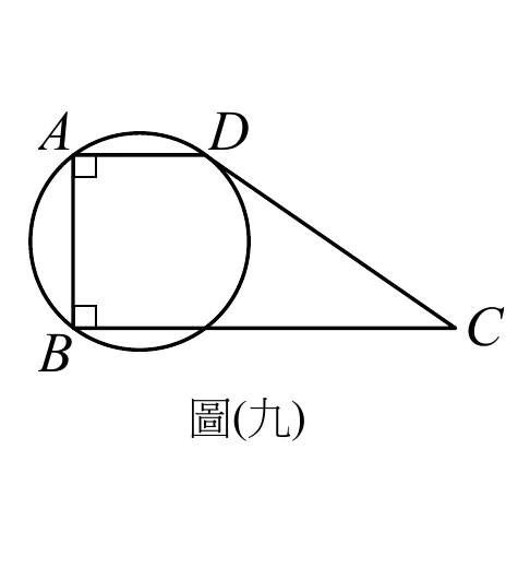 四邊形ABCD：A左上、D右上（AD為頂邊）、B左下、C右下；A處有直角記號（∠DAB=90°）、B處有直角記號（∠ABC=90°）；A、B、D三點在同一圓上（圓恰好通過此三點），C在圓外，由D向右下連到C（DC為一邊），BC為底邊向右延伸到C。