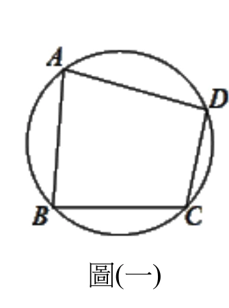 圓內接四邊形ABCD，四頂點沿圓周依序為A（左上）、D（右上，與A之間為頂邊AD）、C（右下）、B（左下），四邊依序為AD、DC、CB、BA。圖上只有這四條邊，沒有畫任何一條對角線。