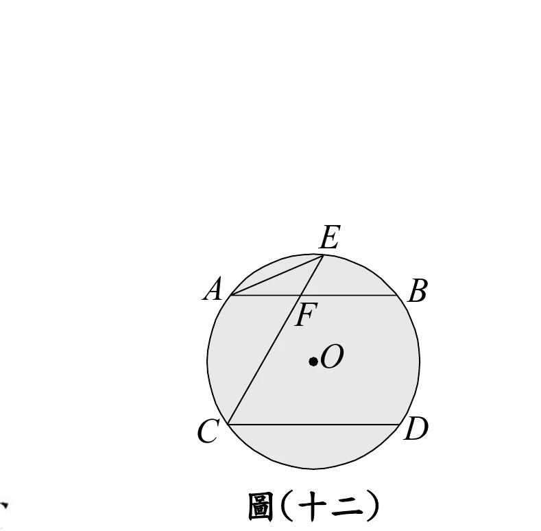 圓O，上方畫出水平弦AB（A左、B右），下方畫出水平弦CD（C左、D右），兩弦互相平行；E在圓周上、位於圓的正上方（A、B之間偏上）。圖中另畫出兩條弦：A到E的短弦，以及由E往左下延伸到C的長弦CE；CE與弦AB相交於F點（F在AB上、偏A側約四成處）。圓周上五點依順時針方向的順序為E、B、D、C、A。