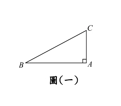 圖(一)：直角三角形ABC，B在左、A在右下（標有直角記號）、C在右上；BA為底邊，AC為右側直角邊，BC為斜邊。