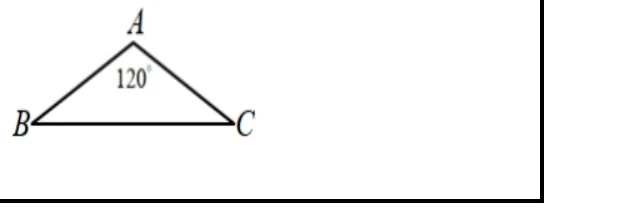 三角形ABC，A在頂角、B在左下、C在右下；A點處標示角度120°（即∠BAC=120°）；圖上未見其他數字或等長標記。