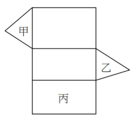 三角柱側面展開圖：由上而下三個矩形依序排列；上方矩形左側連接一個尖角朝左的三角形，標示「甲」；中間矩形右側連接一個尖角朝右的三角形，標示「乙」；下方矩形內標示「丙」。