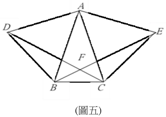 三角形ABC在下方（B左下、C右下、A上方），畫出A-B、A-C、B-C三邊。以AB為邊、在其外側（左側）作正三角形ABD，D在左側；以AC為邊、在其外側（右側）作正三角形ACE，E在右側。另外畫出線段D-C與線段B-E，兩線段相交於F點（F位於A的下方、B、C的上方，介於D、E之間）。