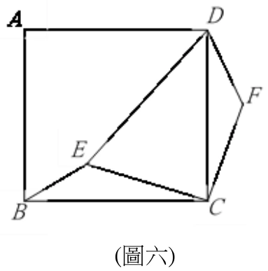 正方形ABCD：A左上（粗體標示）、D右上、B左下、C右下，四邊A-D、A-B、B-C、D-C皆畫出。E為正方形內部一點，以線段與D、B相連（D-E、E-B，E在正方形中央偏左下方）；另畫出線段E-C。F為正方形外部、緊鄰右側邊D-C外側的一點，以線段與D、C相連（D-F、F-C），構成D-C-F三點的三角形位於正方形右側外面。