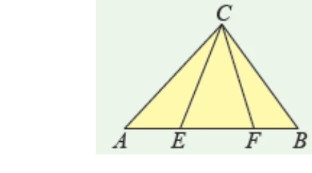 三角形 $ABC$，$C$ 在最上方，$A$、$E$、$F$、$B$ 依序在底邊上；圖中連有 $\overline{CE}$ 與 $\overline{CF}$，將底邊上方分成三個小三角形（$ACE$、$ECF$、$FCB$）。