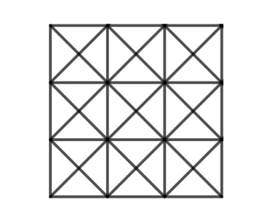 由 3×3 共 9 個正方形組成的正方形網格，每個小正方形內都畫有兩條對角線（X 形），整體構成 4×4 個格點。