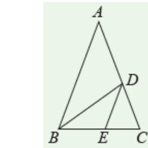 三角形 $ABC$，$D$ 在 $\overline{AC}$ 上、$E$ 在 $\overline{BC}$ 上，圖中連有 $\overline{BD}$ 與 $\overline{DE}$，$B$、$E$、$C$ 三點依序在同一水平線上。