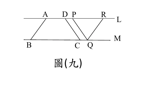 兩條水平線 $L$（上）、$M$（下）。$L$ 上由左至右依序標示 $A$、$D$、$P$、$R$（$D$、$P$ 兩點相距很近）；$M$ 上由左至右依序標示 $B$、$C$、$Q$（$C$、$Q$ 兩點相距很近）。線段：$\overline{AB}$ 連接 $A$ 與 $B$；$\overline{DC}$ 連接 $D$ 與 $C$——兩點並不在同一條鉛直線上，它與 $\overline{PQ}$ 同斜率、互相平行；$\overline{PQ}$ 連接 $P$ 與 $Q$（與 $\overline{DC}$ 幾乎平行且緊鄰）；$\overline{RQ}$ 連接 $R$ 與 $Q$。四邊形 $ABCD$（由 $\overline{AB}$、$L$ 上的 $\overline{AD}$、$\overline{DC}$、$M$ 上的 $\overline{CB}$ 圍成）與四邊形 $ABQP$（由 $\overline{AB}$、$L$ 上的 $\overline{AP}$、$\overline{PQ}$、$M$ 上的 $\overline{QB}$ 圍成）皆為梯形，兩者共用左腰 $\overline{AB}$；$\triangle PQR$ 由 $\overline{PQ}$、$\overline{QR}$ 及 $L$ 上的 $\overline{PR}$ 圍成。