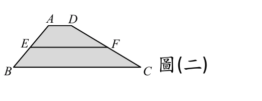 灰底梯形 $ABCD$：$A$、$D$ 在上方（$A$ 偏左、$D$ 偏右，$\overline{AD}$ 較短），$B$、$C$ 在下方（$B$ 在左、$C$ 在右，$\overline{BC}$ 較長）。$E$ 在左腰 $\overline{AB}$ 上（$A$、$B$ 之間的中點），$F$ 在右腰 $\overline{DC}$ 上（$D$、$C$ 之間的中點），$E$、$F$ 之間以一條橫線相連。