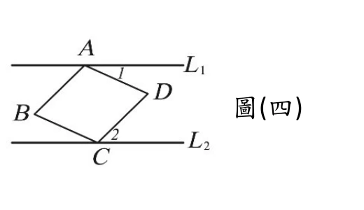 兩條水平線 $L_1$（上）、$L_2$（下）。平行四邊形 $ABCD$：$A$ 在 $L_1$ 上，$C$ 在 $L_2$ 上，$D$ 在 $A$、$C$ 之間偏右上方（介於兩線之間，靠近 $L_1$），$B$ 在左側（介於兩線之間，靠近 $L_2$）。四邊形頂點順序為 $A$（上）、$D$（右上）、$C$（下）、$B$（左），對角線方向是 $A$ 與 $C$ 相對、$B$ 與 $D$ 相對。$\angle1$ 標示在 $A$ 的右下方，夾在 $\overline{AD}$ 與 $L_1$ 往右的一段之間；$\angle2$ 的標籤在 $C$ 的右上方，夾在 $\overline{CD}$（往右上，約 $-45°$）與 $L_2$ 往右的一段（$0°$）之間。