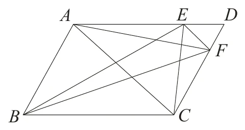 平行四邊形 ABCD，A 在左上、B 在左下、C 在右下、D 在右上；E 在上邊 AD 上（靠近 D）、F 在右邊 DC 上（靠近 D）。圖中畫有對角線 AC 與 EF（兩者平行），以及 EB、EC、FA、FB，在四邊形內部交錯。圖上未標示任何長度數字。