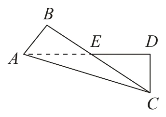 矩形 ABCD 沿對角線 AC 摺疊後的圖形：A 在左、B（摺疊後的位置）在左上、D 在右、C 在右下。A、E、D 三點在同一條水平線上，AE 畫成虛線、ED 為實線；E 是 BC 與 AD 的交點，落在 A 與 D 之間的線段上。圖中另有實線 AB、BC、AC 與鉛直的 DC。圖上未標示角度數字。