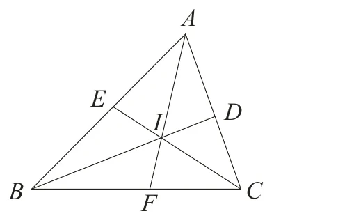 三角形 $ABC$，$A$ 在上方，$B$、$C$ 在底邊；$D$ 在 $\overline{AC}$ 上、$E$ 在 $\overline{AB}$ 上、$F$ 在 $\overline{BC}$ 上；$\overline{BD}$、$\overline{CE}$、$\overline{AF}$ 三條線段交於內部一點 $I$。