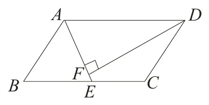 平行四邊形 ABCD，A 在左上、D 在右上、B 在左下、C 在右下；E 在底邊 BC 上（偏左）。圖中連有 AE；另由 D 連到線段 AE 上的一點 F（F 在 E 正上方一點點處），F 處畫有直角記號，表示 DF⊥AE。圖上未標示任何長度數字。