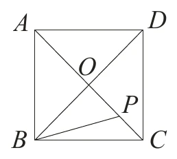 正方形 $ABCD$，$A$ 左上、$D$ 右上、$B$ 左下、$C$ 右下；兩條對角線 $\overline{AC}$、$\overline{BD}$ 交於中心點 $O$；$P$ 為對角線 $\overline{AC}$ 上、$O$ 與 $C$ 之間的一點。