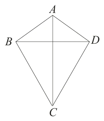 箏形 $ABCD$，$A$ 在上、$B$ 在左、$D$ 在右、$C$ 在下方（$C$ 距 $B$、$D$ 較遠，箏形較長的一側朝下）；對角線 $\overline{AC}$（垂直）與 $\overline{BD}$（水平）相交。圖上未標示任何角度或長度數字。