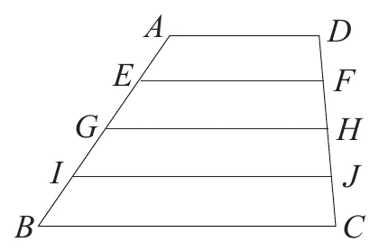 梯形 $ABCD$，$A$、$D$ 在上方（較短的上底），$B$、$C$ 在下方（較長的下底）；在左腰 $\overline{AB}$ 上由上而下依序取 $E$、$G$、$I$，在右腰 $\overline{DC}$ 上由上而下依序取 $F$、$H$、$J$；$\overline{EF}$、$\overline{GH}$、$\overline{IJ}$ 為三條平行於上下底的橫向線段，將梯形分成四等份高度的區域。