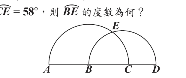 圖(十三)：A、B、C、D共線，以AC為直徑的大半圓與以BD為直徑的小半圓相交於E，B為AC中點