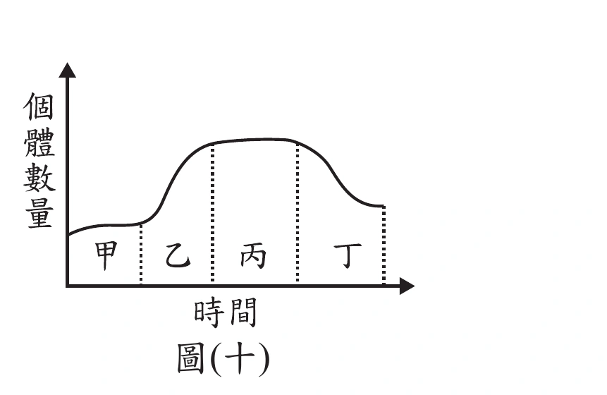 圖(十)：橫軸為時間、縱軸為個體數量的曲線圖，曲線由左至右依序分成甲、乙、丙、丁四段（以垂直點線分隔）。甲段：曲線低而平緩，數量少且大致不變。乙段：曲線快速陡升，數量迅速增加。丙段：曲線攀升至高點後轉為平緩的高原期，數量高且大致穩定。丁段：曲線由高原逐漸下滑，數量下降