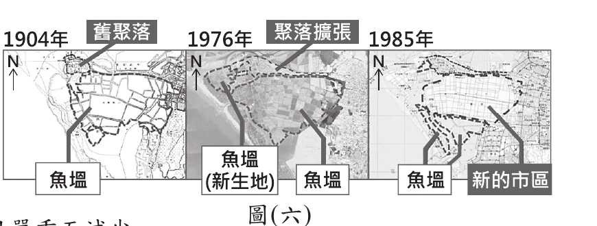 圖(六)：1904/1976/1985年三期地圖，1976年魚塭新生地的位置與1985年新的市區位置重疊