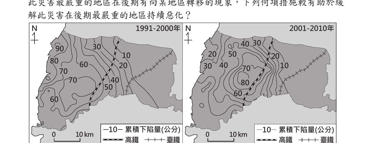 圖(十五)：雲林縣地層下陷累積下陷量等值線圖，1991-2000年與2001-2010年對比，後期最嚴重區域集中到高鐵沿線