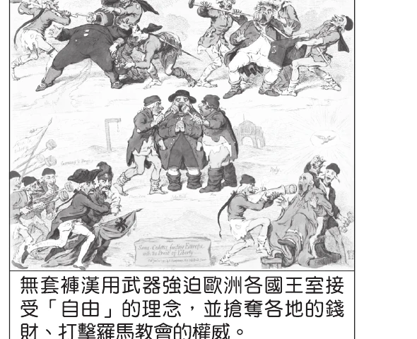 圖(十七)：無套褲漢用武器強迫歐洲各國王室接受自由理念、搶奪錢財、打擊羅馬教會權威的諷刺漫畫