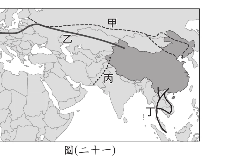 圖(二十一)：一帶一路經濟走廊示意圖，丙(點線)起自阿拉伯海沿岸經南亞直達中國新疆
