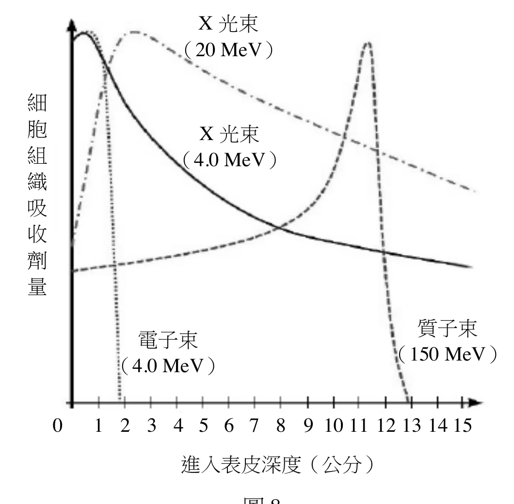 圖8：四種射束的吸收劑量隨深度變化，電子束約2公分歸零、質子束在11至12公分有尖峰後13公分歸零、兩種X光束到15公分仍有殘餘