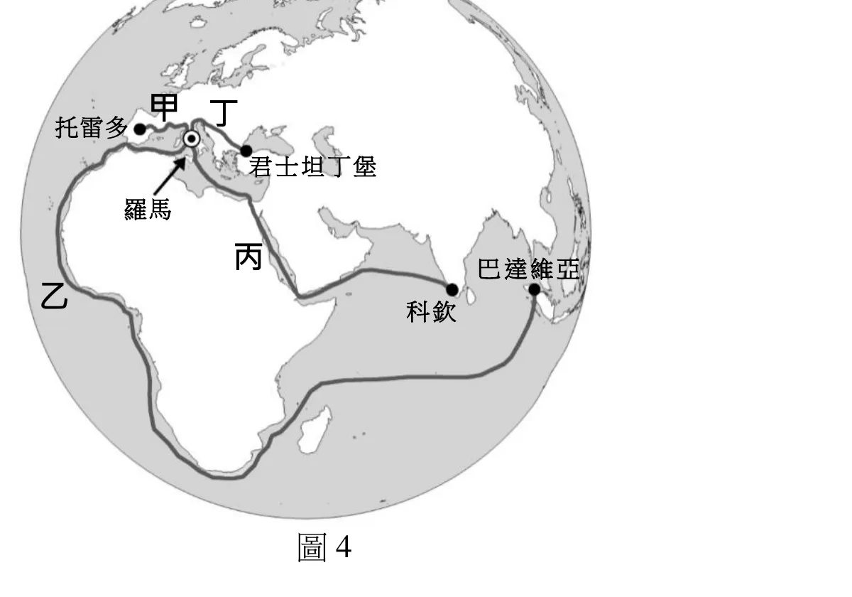 圖4為地球儀示意圖，標示托雷多、羅馬、君士坦丁堡（歐洲）、科欽、巴達維亞（南亞、東南亞）五個地點，並以甲、乙、丙、丁四段弧線標示不同貿易路線：甲為托雷多到君士坦丁堡之間的短弧（地中海北岸）；乙為羅馬沿非洲西岸繞過非洲南端的長弧線；丙為由羅馬經地中海、紅海沿線通往科欽、再到巴達維亞的路線（經阿拉伯半島南側印度洋航線）；丁為托雷多與君士坦丁堡之間、與甲相鄰的另一小段弧線。丙線是唯一直接連接羅馬與胡椒產地（科欽、巴達維亞所在的印度、東南亞）的路線。