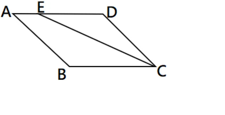 平行四邊形，頂點 $A$ 左上、$D$ 右上、$B$ 左下、$C$ 右下。$\overline{AD}$ 上有一點 $E$（在 $A$、$D$ 之間、距 $A$ 約 $29\%$ 處），從 $C$ 畫一條線段到 $E$。圖形內部只有 $\overline{EC}$ 這一條線段，沒有畫任何對角線（$C$ 點只匯集三條線：來自 $D$、$E$、$B$）。