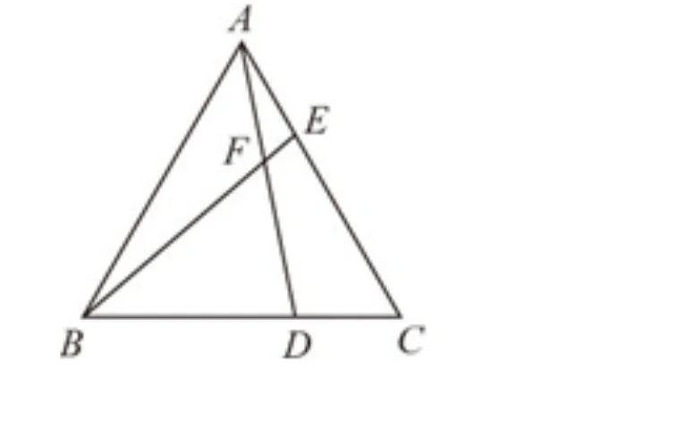 正三角形，頂點 $A$ 在上，$B$ 左下、$C$ 右下。$\overline{BC}$ 上有一點 $D$（偏右，靠近 $C$）；$\overline{AC}$ 上有一點 $E$（偏上，靠近 $A$）。圖中畫出兩條線段：$\overline{BE}$（連接 $B$ 與 $E$）、$\overline{AD}$（連接 $A$ 與 $D$），兩線相交於內部一點 $F$（位置在 $E$ 的左下方、較接近 $A$ 的位置）。