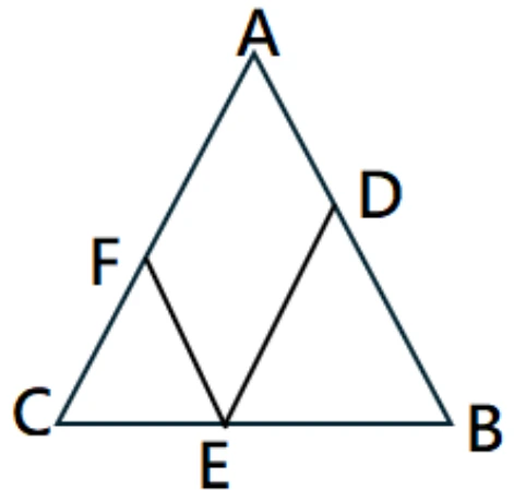 三角形，頂點 $A$ 在上，$C$ 左下、$B$ 右下。$\overline{AB}$ 上有一點 $D$（偏上）；$\overline{BC}$ 上有一點 $E$（中間偏右下方位置，與 $D$、$F$ 相連）；$\overline{AC}$ 上有一點 $F$（偏上）。$D$、$E$ 之間與 $E$、$F$ 之間各畫一條線段，形成內部一個較小的三角形 $DEF$（實際排列：$F$ 偏左、$D$ 偏右、$E$ 在下方中央）。