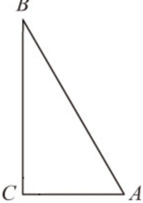 三角形，頂點 $B$ 在上，$C$ 左下、$A$ 右下，$\overline{CA}$ 為水平底邊，$\overline{BC}$ 為左側邊。$\overline{BC}$ 近乎鉛直（$\angle C$ 約為直角），$\overline{CA}$ 水平。
