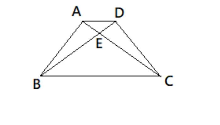 梯形，上底 $\overline{AD}$（$A$ 左、$D$ 右）較短，下底 $\overline{BC}$（$B$ 左、$C$ 右）較長，兩腰為 $\overline{AB}$、$\overline{DC}$。圖中畫出兩條對角線 $\overline{AC}$ 與 $\overline{BD}$，交於內部一點 $E$。
