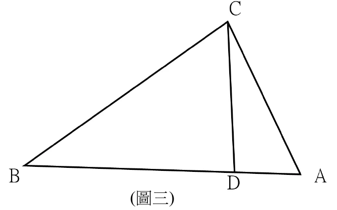 三角形BCA：B在左下、A在右下（BA為底邊）、C在頂端偏右；D在邊BA上；圖中另畫有由D到C的線段。
