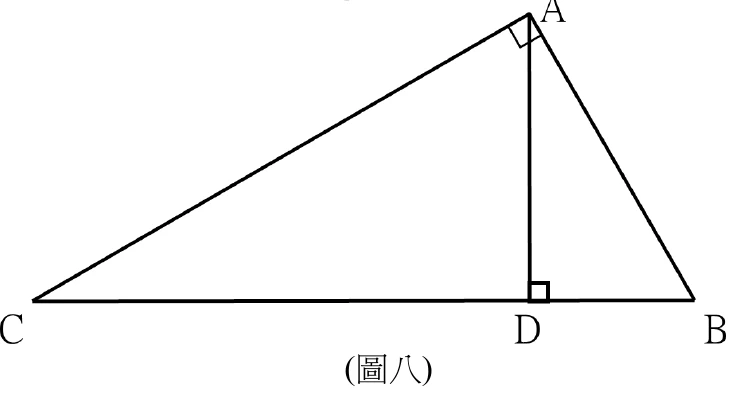 三角形CBA：C在左下、B在右下（CB為底邊）、A在頂端偏右（A處標有直角記號）；D在CB邊上，由A向下畫一條垂直線段到D，D處也標有直角記號。