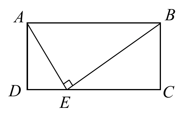 矩形 $ABCD$：$A$ 在左上、$B$ 在右上、$D$ 在左下、$C$ 在右下（矩形寬大於高）。$E$ 點在下方邊 $\overline{DC}$ 上，位置偏向 $D$ 端（不是中點）。圖中畫出兩條線段：$\overline{AE}$（由 $A$ 斜向下到 $E$）與 $\overline{BE}$（由 $B$ 斜向下到 $E$），兩線段在 $E$ 點的夾角處標有直角記號。