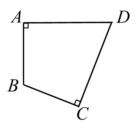 四邊形 $ABCD$：$A$ 在左上、$D$ 在右上、$B$ 在左下、$C$ 在右下偏內側；四頂點依 $A\to D\to C\to B\to A$ 順序連成一個不規則四邊形（右側 $D$、$C$ 兩點較外凸，形成一個類似風箏形的凸四邊形）。$A$ 頂點內側標有直角記號，$C$ 頂點內側亦標有直角記號；$B$、$D$ 頂點未標角度記號。圖上未標示任何邊長數字。