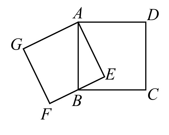 兩個正方形共用頂點 $A$。正方形 $ABCD$ 為軸對齊（不傾斜）的正方形：$A$ 在上、$D$ 在右上、$B$ 在 $A$ 正下方、$C$ 在 $D$ 正下方（與 $B$ 同一水平線），邊 $\overline{AD}$、$\overline{DC}$、$\overline{CB}$、$\overline{BA}$ 構成外框，$\overline{BA}$ 畫成圖中央的一條垂直線段。另一個正方形 $AEFG$ 與其傾斜相接、往左下方旋轉，頂點依序為 $A$（頂端，與前一正方形共用）、$E$（在 $B$ 右側偏上）、$F$（在 $B$ 左下方）、$G$（在左上方）。圖上另畫出線段 $\overline{AE}$；$B$ 點落在 $\overline{EF}$ 邊上，圖中線段由 $F$ 經過 $B$ 延伸到 $E$。圖上未標示任何邊長數字。