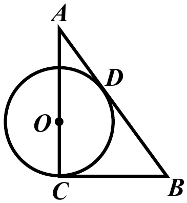 三角形，頂點 $A$ 在上，$C$ 左下、$B$ 右下，$\overline{BC}$ 為水平的底邊。圓 $O$ 的圓心 $O$（實心點標示）落在 $\overline{AC}$ 上，$\overline{AC}$ 是一條由 $A$ 到 $C$ 的鉛直線段、貫穿圓心。圓的下緣與底邊 $\overline{BC}$ 相切於 $C$ 點；圓另與 $\overline{AB}$ 相切於一點（旁標 $D$，在 $\overline{AB}$ 上、靠近 $A$ 側）。