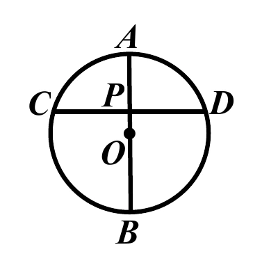 圓 $O$，鉛直直徑 $\overline{AB}$（$A$ 在上、$B$ 在下），與水平弦 $\overline{CD}$（$C$ 左、$D$ 右）互相垂直，垂足標示 $P$（在 $A$ 與圓心 $O$ 之間，明顯靠近 $O$ 這一側）。圓心 $O$ 以實心點標示，在 $P$ 下方。