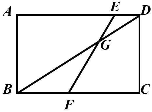 矩形 $ABCD$：$A$ 左上、$D$ 右上、$B$ 左下、$C$ 右下。$\overline{AD}$（上邊）上有一點 $E$，靠近 $D$ 側；$\overline{BC}$（下邊）上有一點 $F$，位置在 $B$、$C$ 之間偏左。圖中畫出兩條線段：對角線 $\overline{BD}$（$B$ 到 $D$）與 $\overline{EF}$（$E$ 到 $F$），兩線相交於內部一點 $G$。