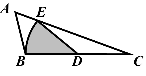 三角形 $ABC$：$A$ 在左上，$B$ 在左下，$C$ 在右下（$\overline{BC}$ 為底邊，且明顯短於 $\overline{AC}$）；$D$ 在底邊 $\overline{BC}$ 上，介於 $B$、$C$ 之間；$E$ 在邊 $\overline{AC}$ 上，靠近 $A$ 的一端。圖中有一段以 $D$ 為圓心的弧，由 $B$ 彎曲連到 $E$（弧線，非直線）；另有一條直線段連接 $D$ 與 $E$。灰色陰影區域由 $B$、$D$、$E$ 三點圍成，邊界為直線段 $\overline{BD}$、直線段 $\overline{DE}$，以及弧 $\widehat{BE}$。