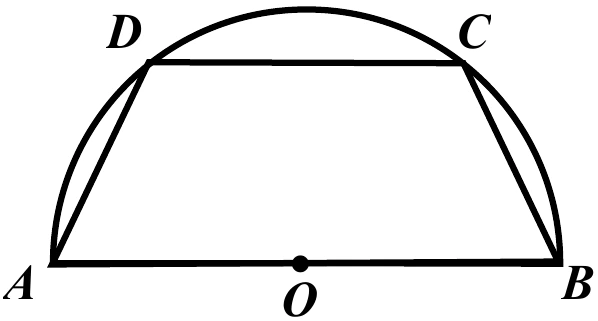 圖上只畫出上半圓弧（$\overline{AB}$ 在 $y=289$，其下 $y=292$–$334$ 只有 $A$／$O$／$B$ 三個字母的筆畫，沒有下半圓弧）。水平直徑 $\overline{AB}$（$A$ 左、$B$ 右，圓心 $O$ 以實心點標示在 $\overline{AB}$ 中點）。圓內接四邊形 $ABCD$：$D$ 在左上、$C$ 在右上（$\overline{DC}$ 為上方較短的水平邊，與 $\overline{AB}$ 平行），另畫出兩條線段 $\overline{AD}$、$\overline{BC}$。四邊形上方的弧（$D$、$C$ 之間較短的那段圓弧）明顯高於 $\overline{DC}$，整體形狀類似梯形嵌在圓內。