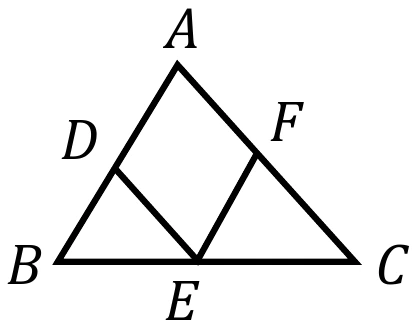 三角形 $ABC$：$A$ 在上，$B$ 左下、$C$ 右下。$\overline{AB}$ 上有一點 $D$；$\overline{AC}$ 上有一點 $F$；$D$、$F$ 之間另有一點 $E$（$D$、$E$、$F$ 是菱形 $ADEF$ 的其餘三頂點；$E$ 就落在底邊 $\overline{BC}$ 上，位置靠近 $\overline{BC}$ 的正中間、略偏 $B$ 那一側）。菱形的四邊為 $\overline{AD}$、$\overline{DE}$、$\overline{EF}$、$\overline{FA}$。