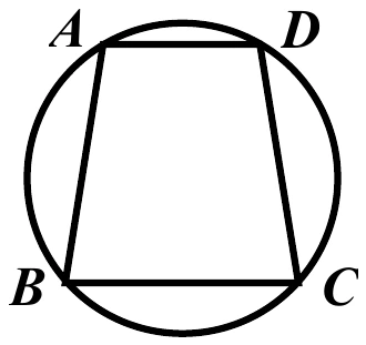 圓內接四邊形 $ABCD$：$A$ 在左上、$D$ 在右上（$\overline{AD}$ 為上方較短的水平邊），$B$ 在左下、$C$ 在右下（$\overline{BC}$ 為下方較長的水平邊）。四邊 $\overline{AB}$、$\overline{BC}$、$\overline{CD}$、$\overline{DA}$ 皆為圓的弦，整體形狀類似梯形。